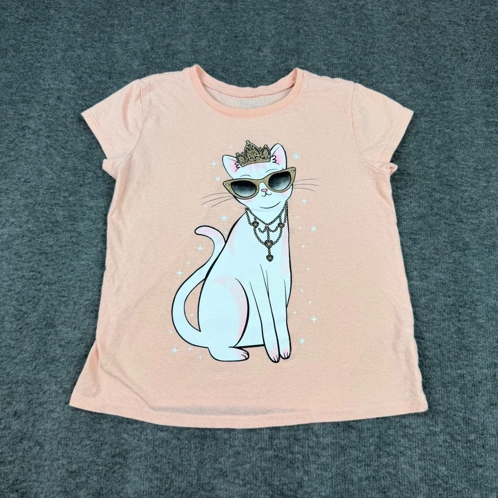 The Children's Place Graphic Tee Kids Size 7/8 Peach Cat Tiara Sunglasses Cotton
